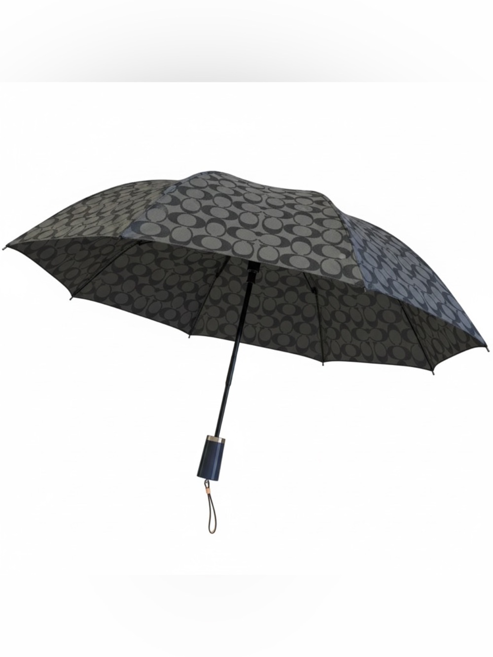 Coach Signature Monogram Umbrella in Charcoal Gray with Leather Strap NWT